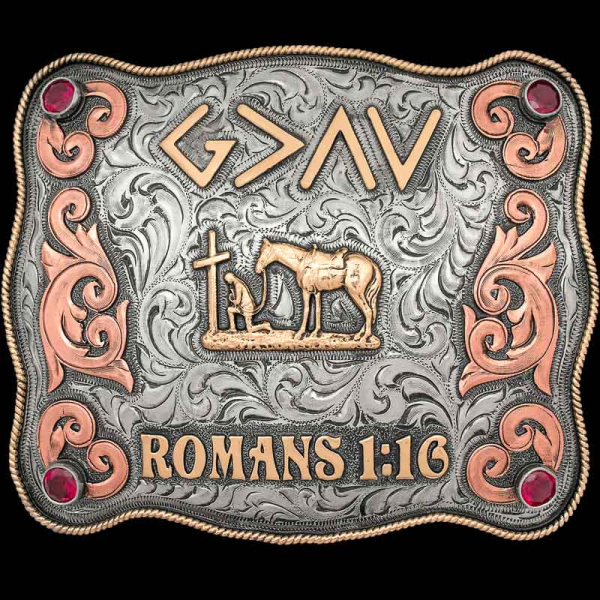 The Charleston Custom Belt Buckle celebrates faith, friends and family in authentic western style! Customize this belt buckle with your own logo, figure or ranch brand!